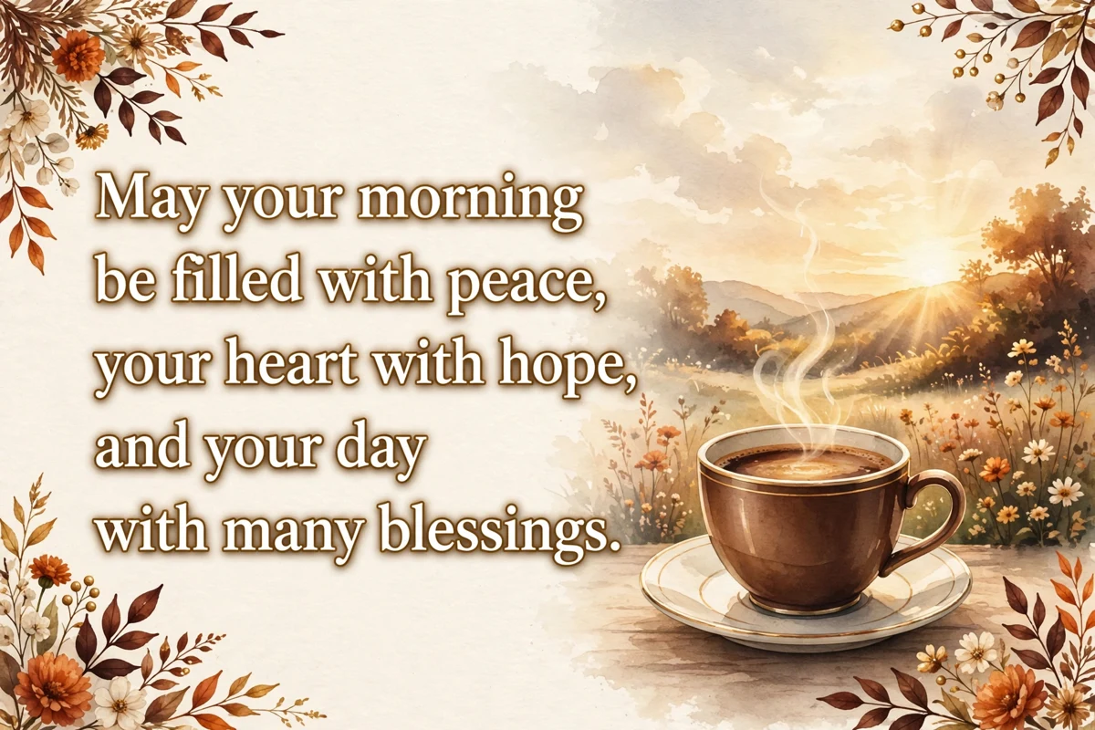 Beautiful morning blessings image with sunrise, flowers and a cup of coffee
