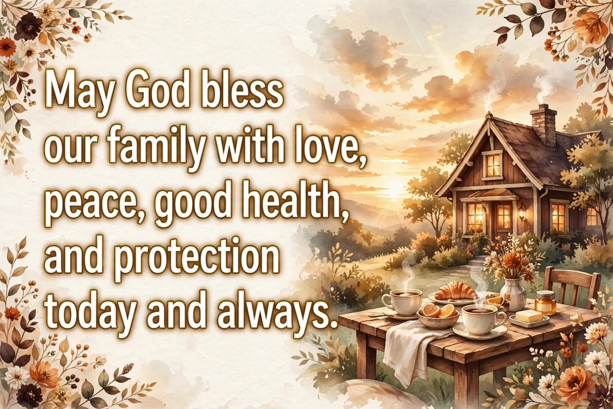 Morning blessing for family image with a family home and breakfast table at sunrise